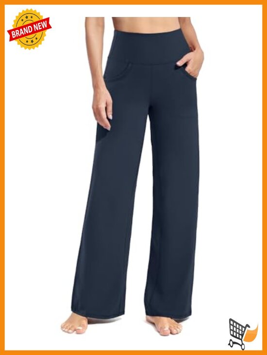 Pants - Wide Leg Yoga Pants with Pockets High Waist Stretch Activewear